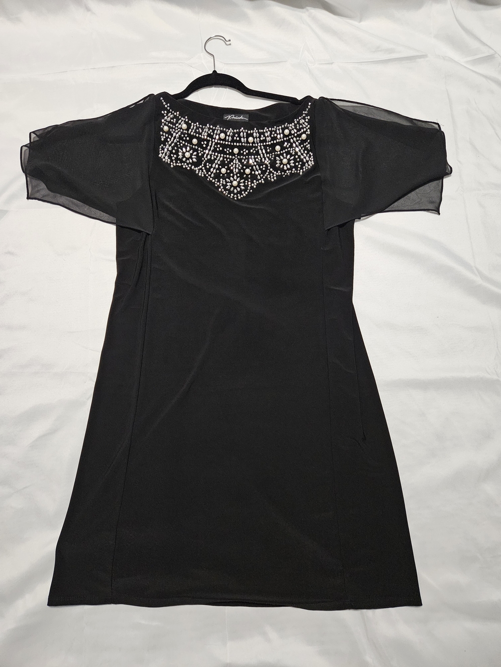 Black Beaded Yoke Mini Dress with Sheer Sleeves Size M